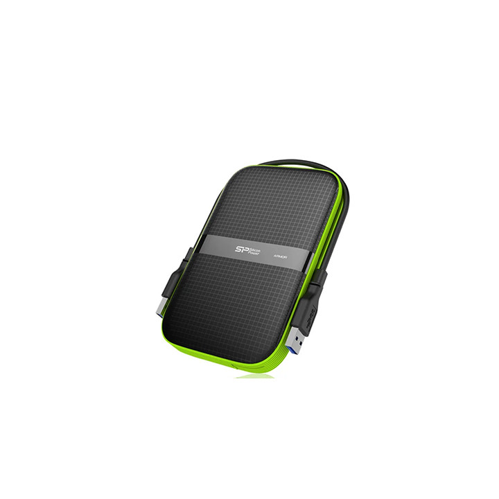 هارد اکسترنال قابل حمل برند سیلیکون پاور با ظرفیت 1 ترابایت، مدل Armor A60، دارای نشانگر LED، ضد ضربه، مقاوم در برابر اسپری آب، شوک و غبار، سازگار با Windows و Linux و MacOS، دارای رابط USB 3.0 با گارانتی 3 ساله فعال متین