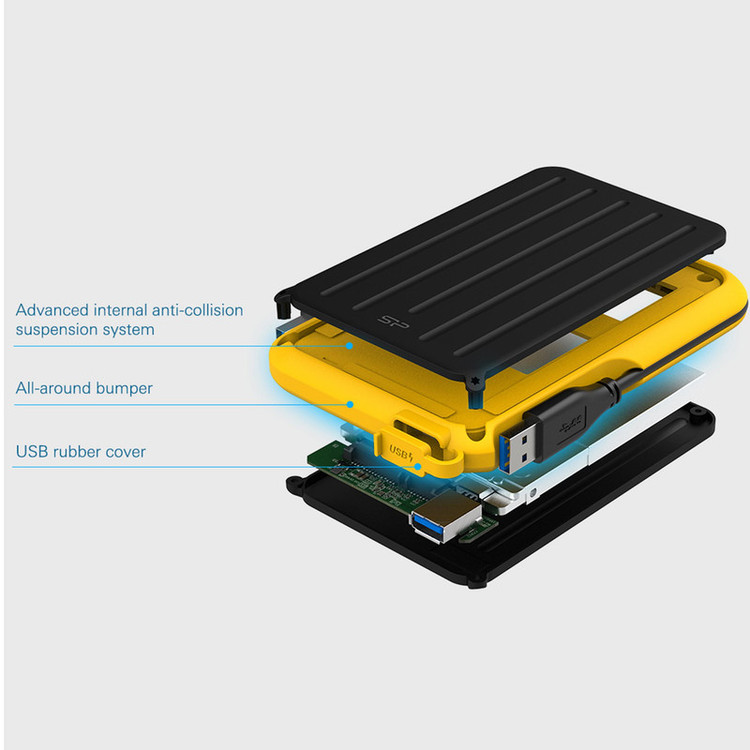 هارد اکسترنال قابل حمل برند سیلیکون پاور با ظرفیت 1 ترابایت، مدل Armor A66، ، مقاوم در برابر ضربه، پاشش آب، خط و خش و شوک، سازگار با کامپیوتر و لپتاپ و سیستم عامل Windows و macOS، دارای رابط USB 3.2 با گارانتی فعال 3 ساله متین