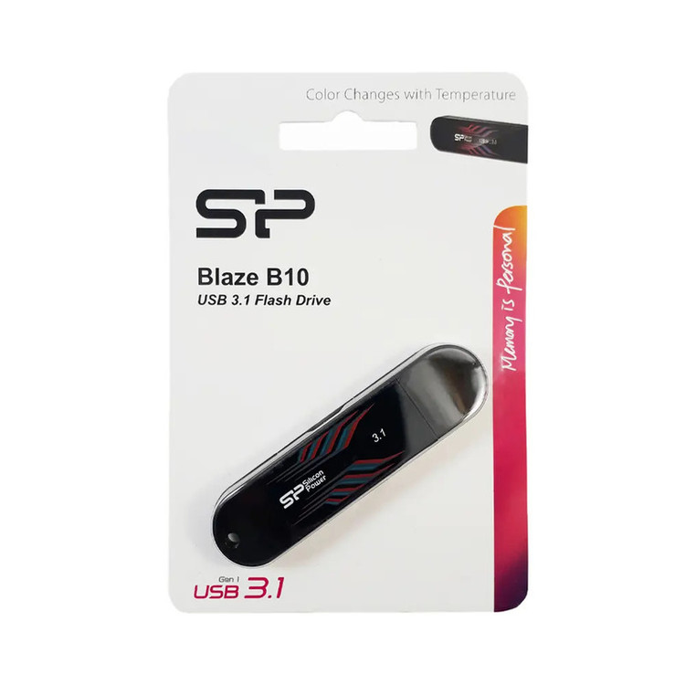 فلش مموری 256 گیگابایت سیلیکون پاور مدل Blaze B10، دارای رابط USB 3.1، قابلیت تغییر رنگ خطوط روی بدنه با دما ، مقاوم در برابر گرد و غبار، دارای نشانگر LED با گارانتی تعویض متین