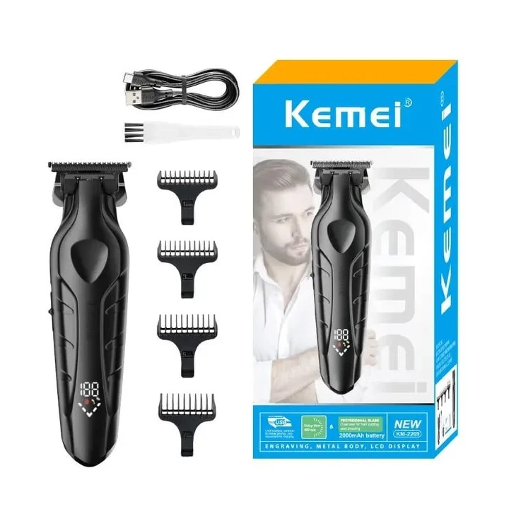 ماشین اصلاح موی سر و صورت کیمی مدل KM-2269 با تیغه کربن استیل موتور 7000 دور در دقیقه، باتری 2000 میلیآمپر ساعت، نمایشگر شارژ و طراحی ارگونومیک